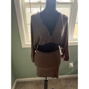 Lani California x Chico’s Brown Ribbed Knit Scalloped Crop Top 3/4 Sleeve Set